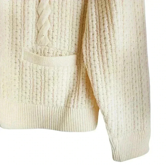 Vintage 70s Wool Blend Cardigan Women XL | Cable Knit Grandpa Sweater Ivory - Picture 8 of 11